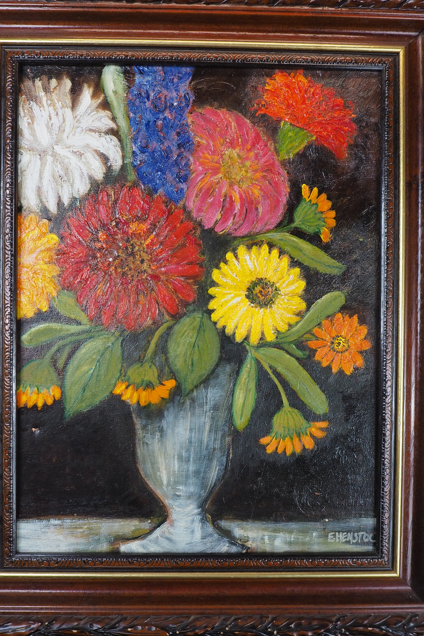 Vintage Floral Oil Painting by E. Henstock in a Carved Wooden Frame