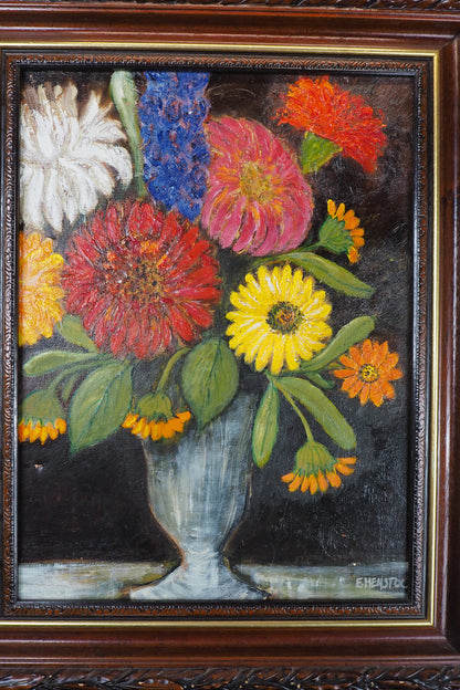 Vintage Floral Oil Painting by E. Henstock in a Carved Wooden Frame