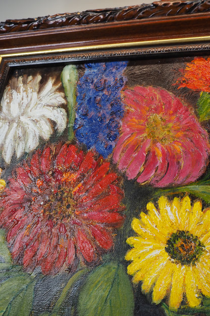 Vintage Floral Oil Painting by E. Henstock in a Carved Wooden Frame