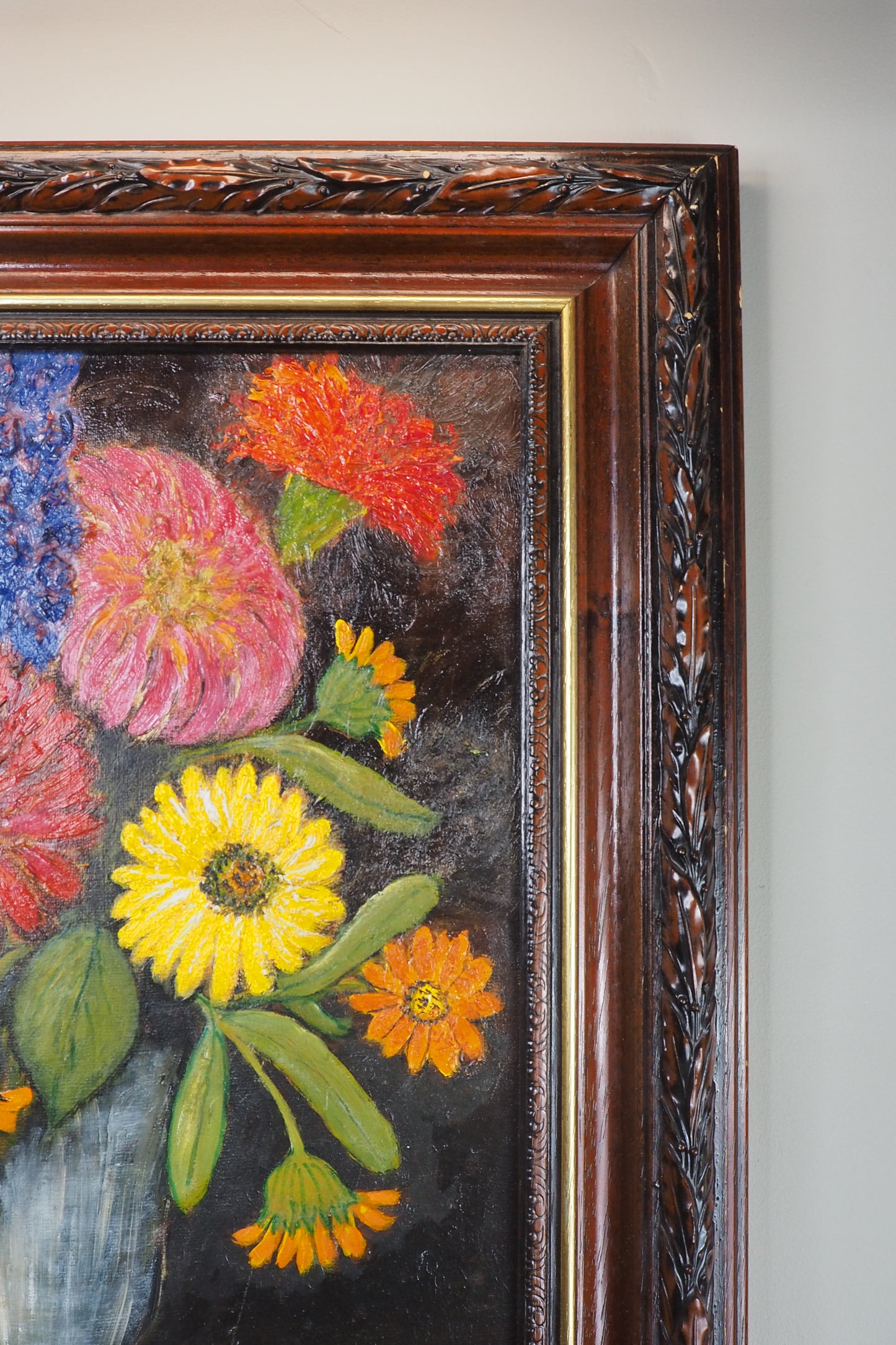 Vintage Floral Oil Painting by E. Henstock in a Carved Wooden Frame