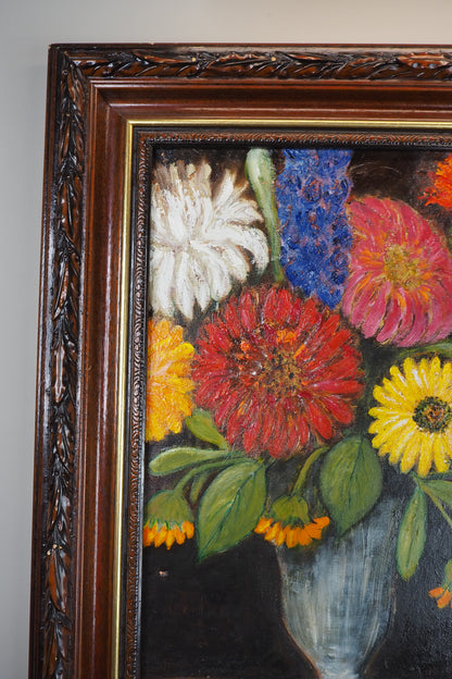 Vintage Floral Oil Painting by E. Henstock in a Carved Wooden Frame