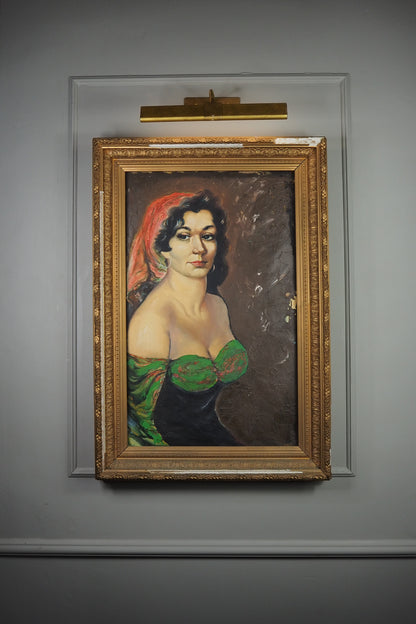 Vintage Gypsy Girl Portrait Oil Painting in Large Ornate Gold Frame