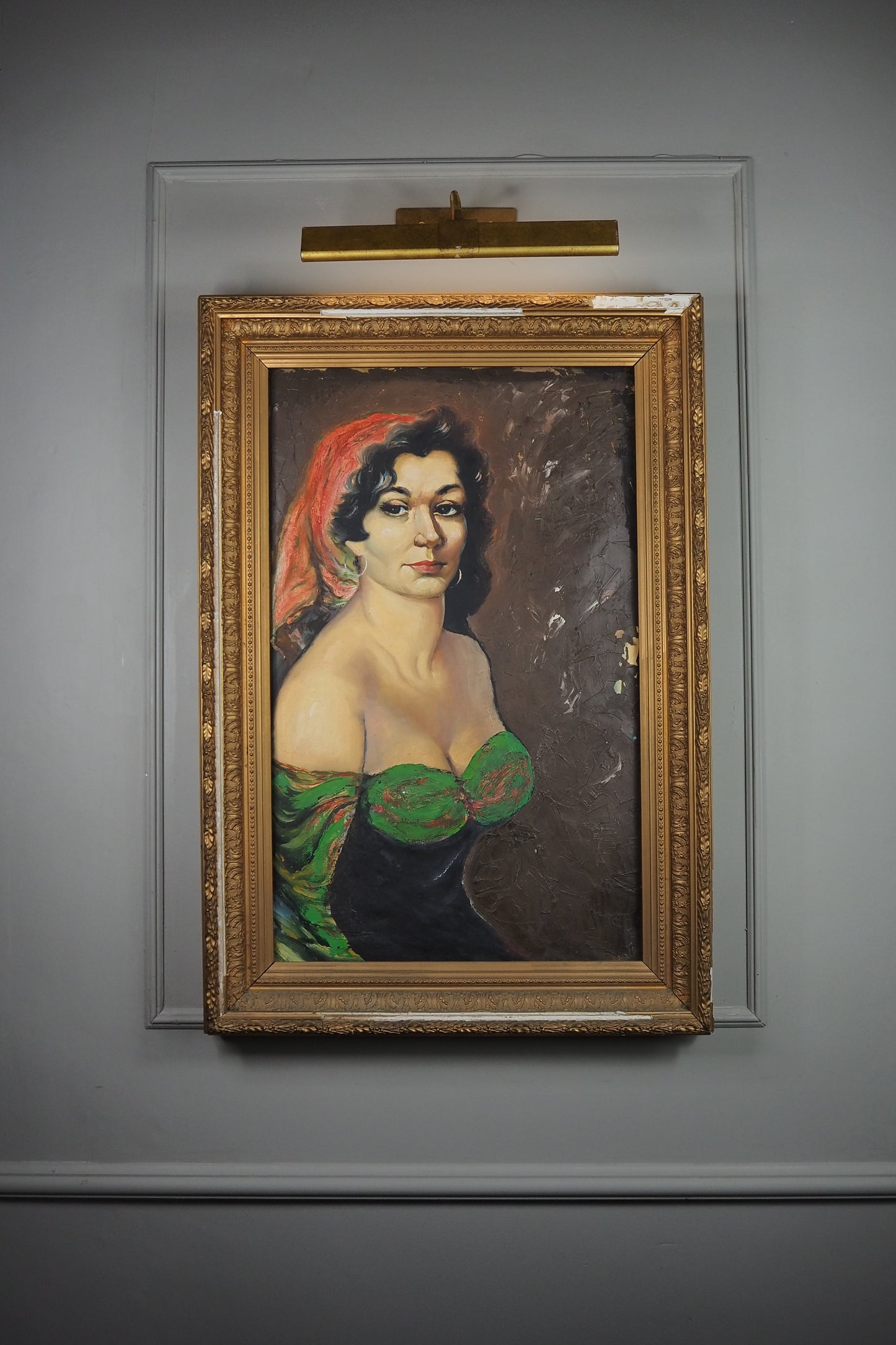 Vintage Gypsy Girl Portrait Oil Painting in Large Ornate Gold Frame