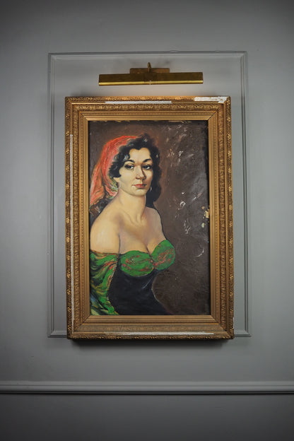 Vintage Gypsy Girl Portrait Oil Painting in Large Ornate Gold Frame