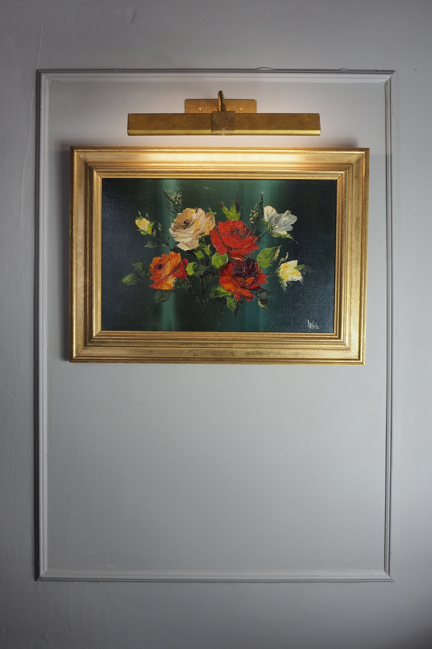 Vintage Dark Green Floral Display Oil Painting by Arnold in Gold Frame