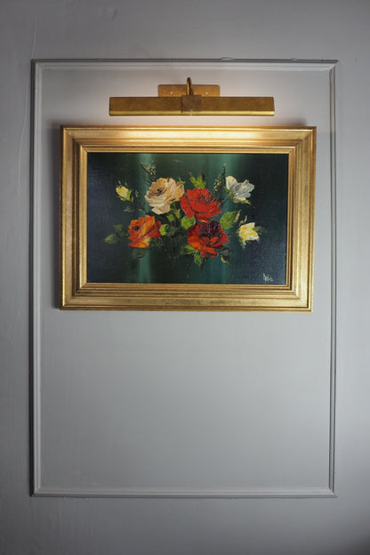 Vintage Dark Green Floral Display Oil Painting by Arnold in Gold Frame