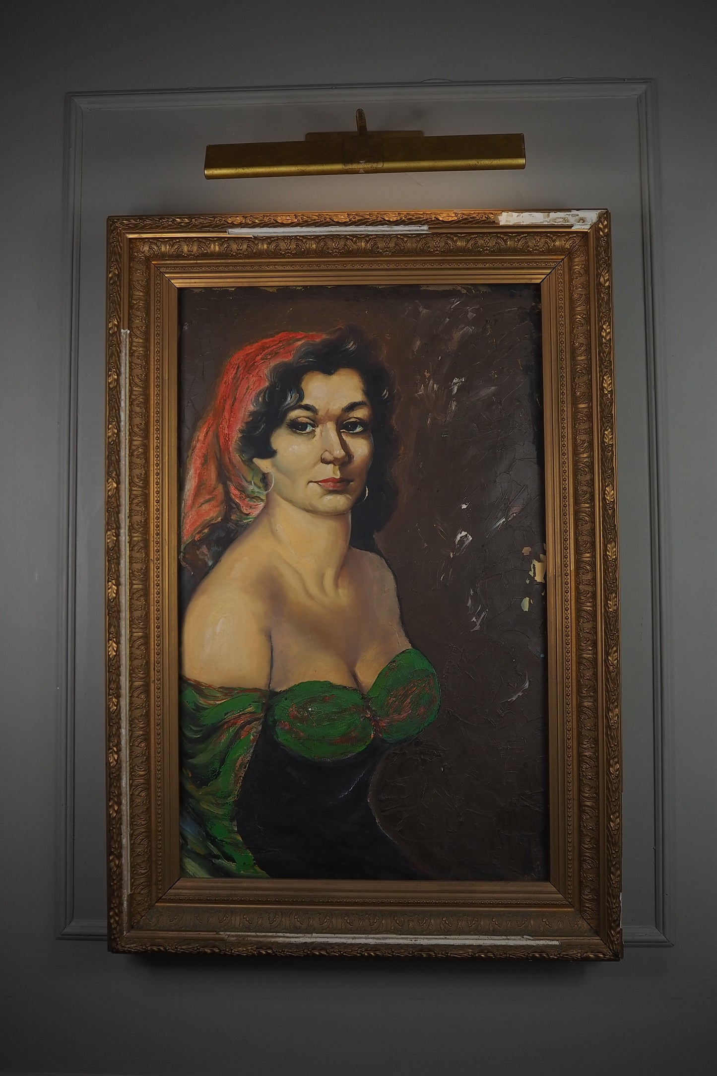 Vintage Gypsy Girl Portrait Oil Painting in Large Ornate Gold Frame