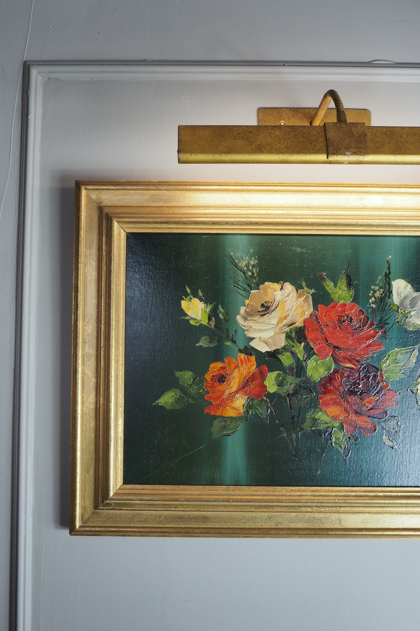 Vintage Dark Green Floral Display Oil Painting by Arnold in Gold Frame