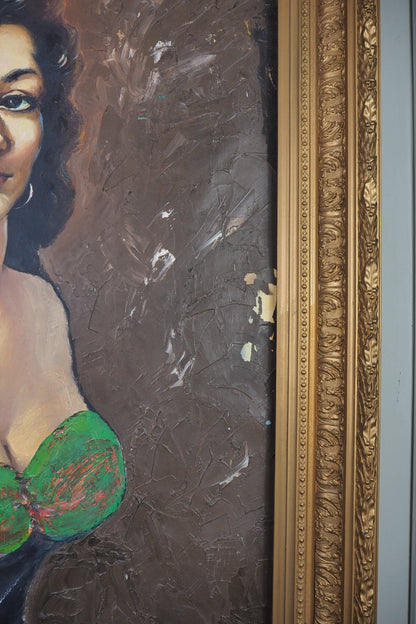 Vintage Gypsy Girl Portrait Oil Painting in Large Ornate Gold Frame