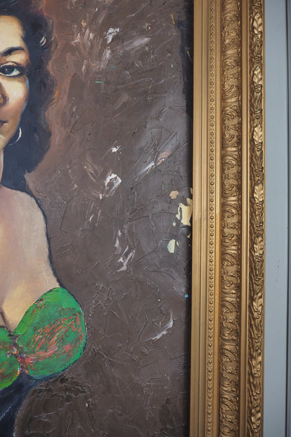 Vintage Gypsy Girl Portrait Oil Painting in Large Ornate Gold Frame