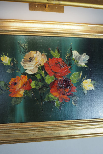 Vintage Dark Green Floral Display Oil Painting by Arnold in Gold Frame