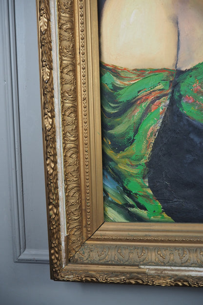 Vintage Gypsy Girl Portrait Oil Painting in Large Ornate Gold Frame