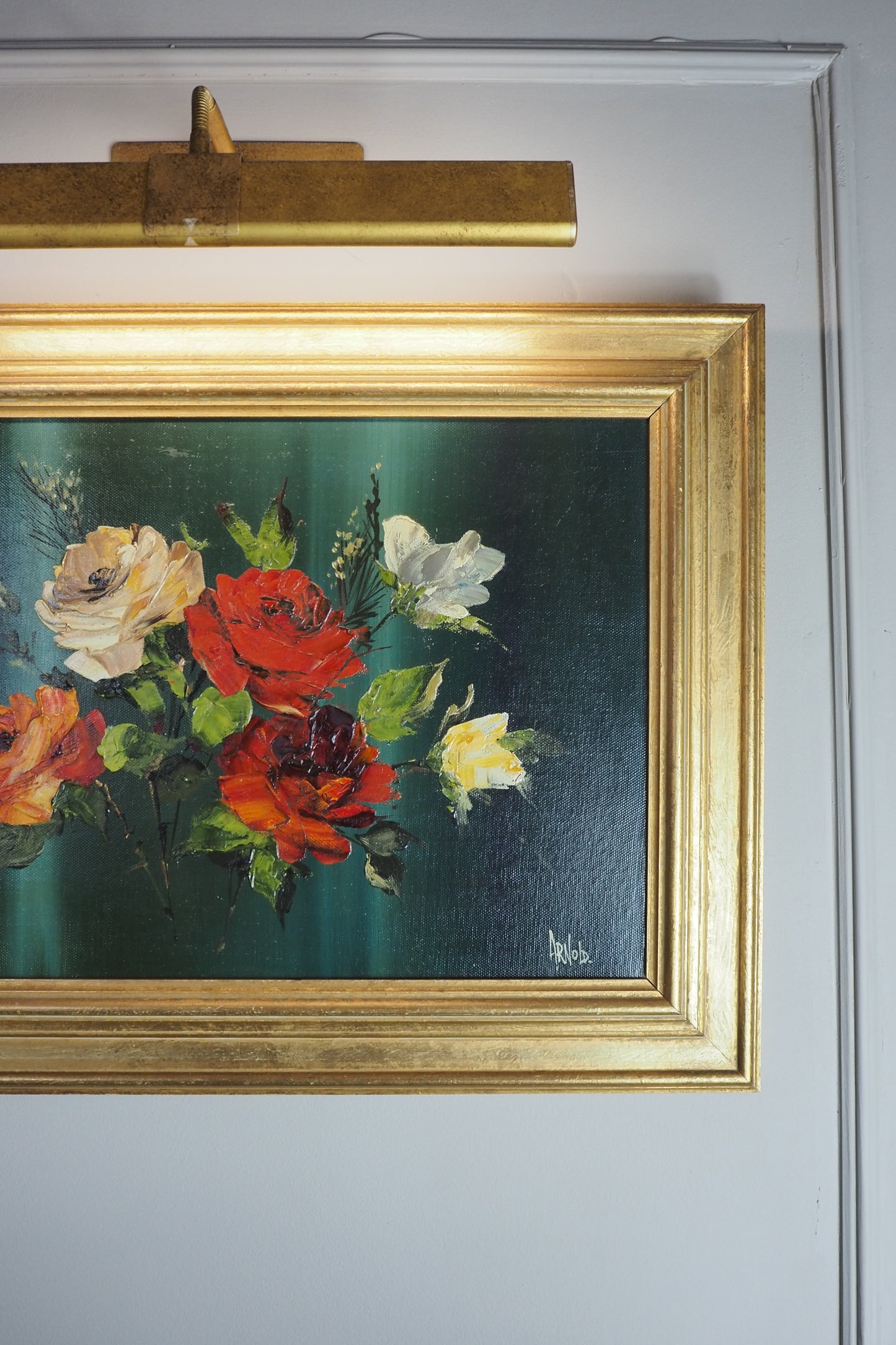 Vintage Dark Green Floral Display Oil Painting by Arnold in Gold Frame