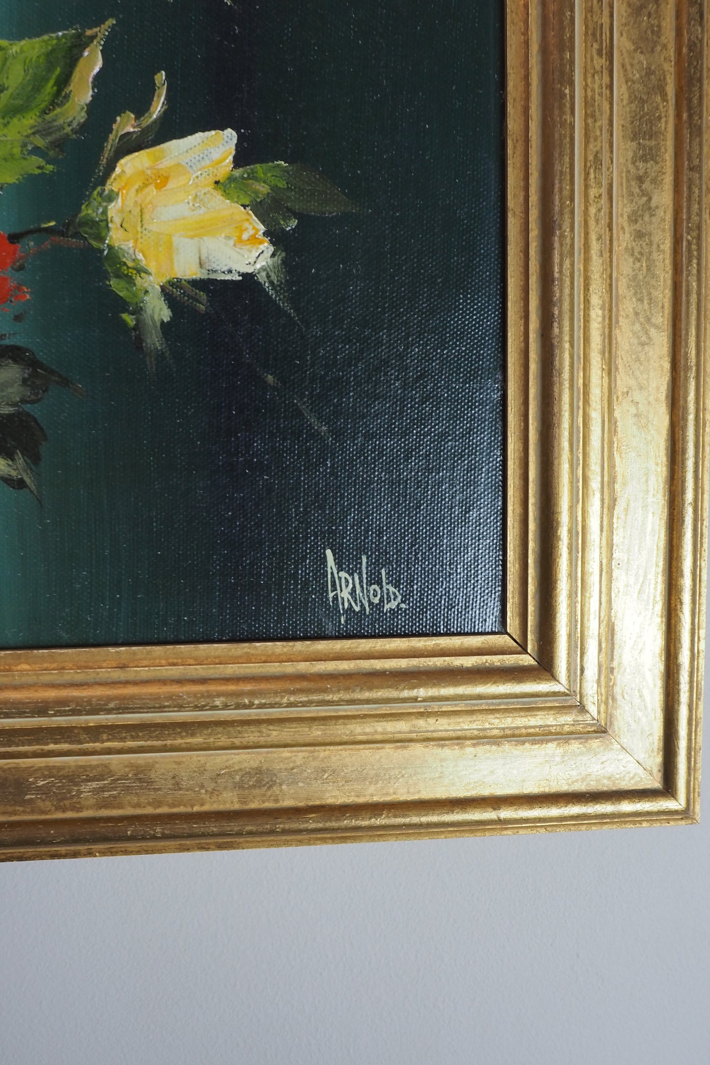 Vintage Dark Green Floral Display Oil Painting by Arnold in Gold Frame