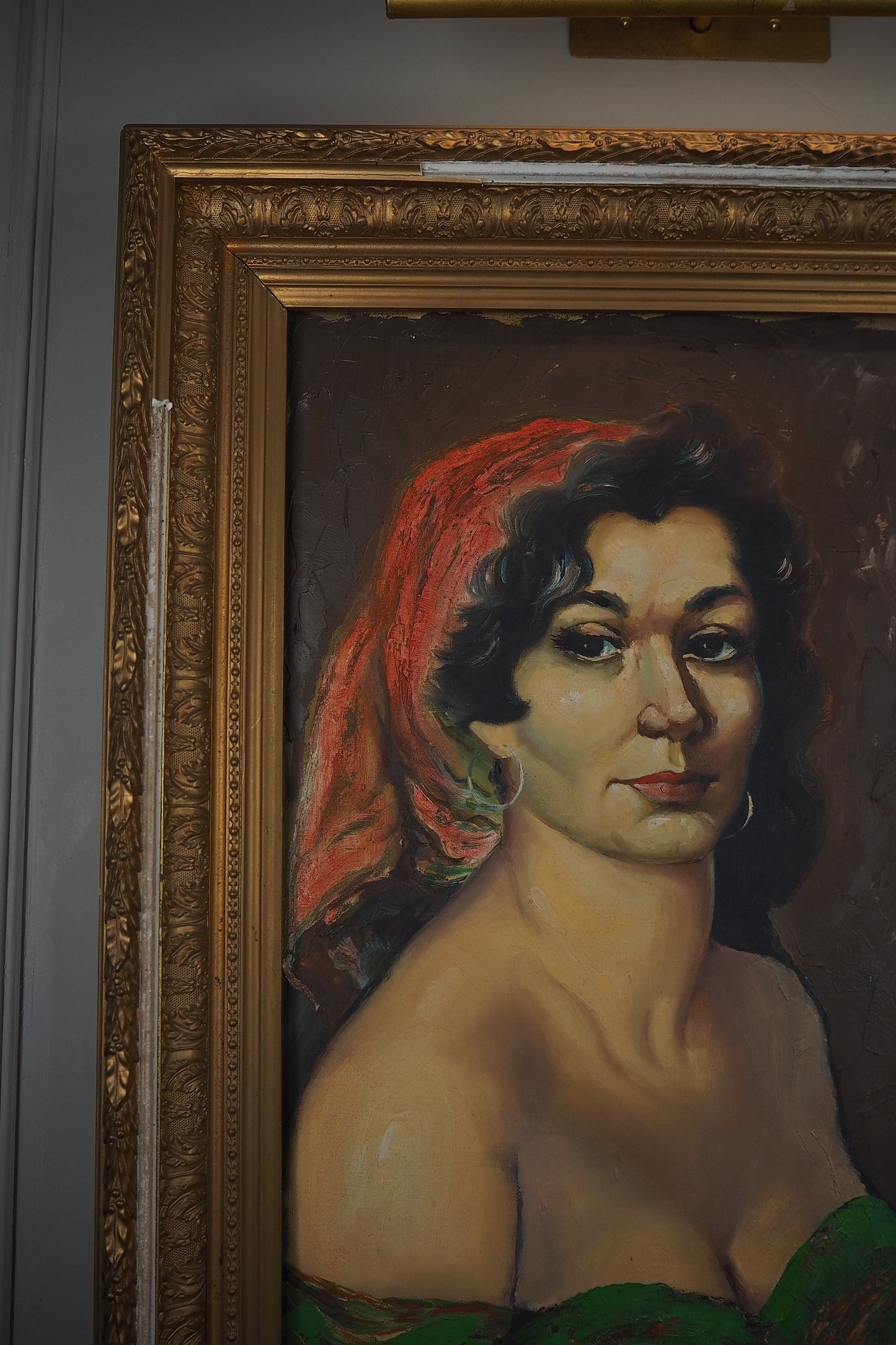 Vintage Gypsy Girl Portrait Oil Painting in Large Ornate Gold Frame
