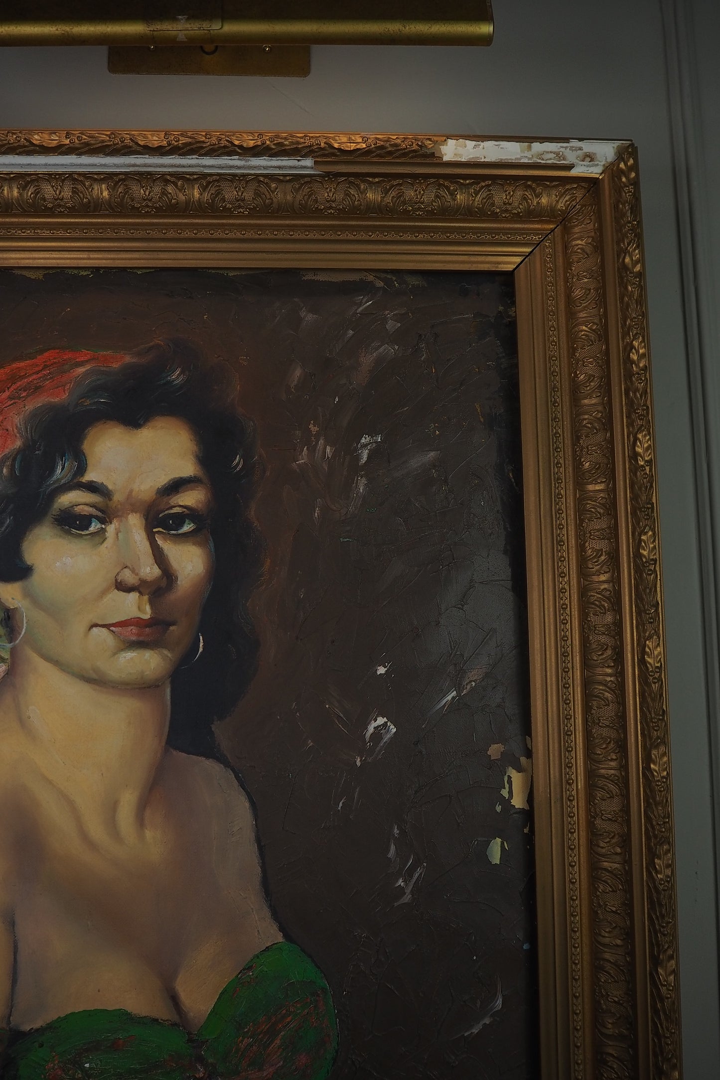 Vintage Gypsy Girl Portrait Oil Painting in Large Ornate Gold Frame