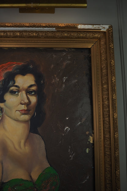 Vintage Gypsy Girl Portrait Oil Painting in Large Ornate Gold Frame