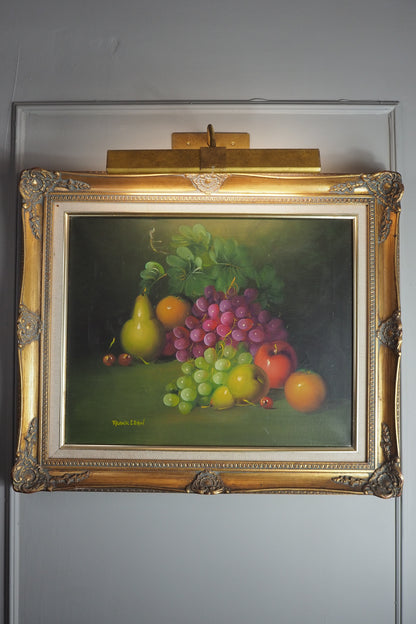 Frank Lean Still Life Oil Painting Signed French Artist Fruit Bowl in Ornate Frame
