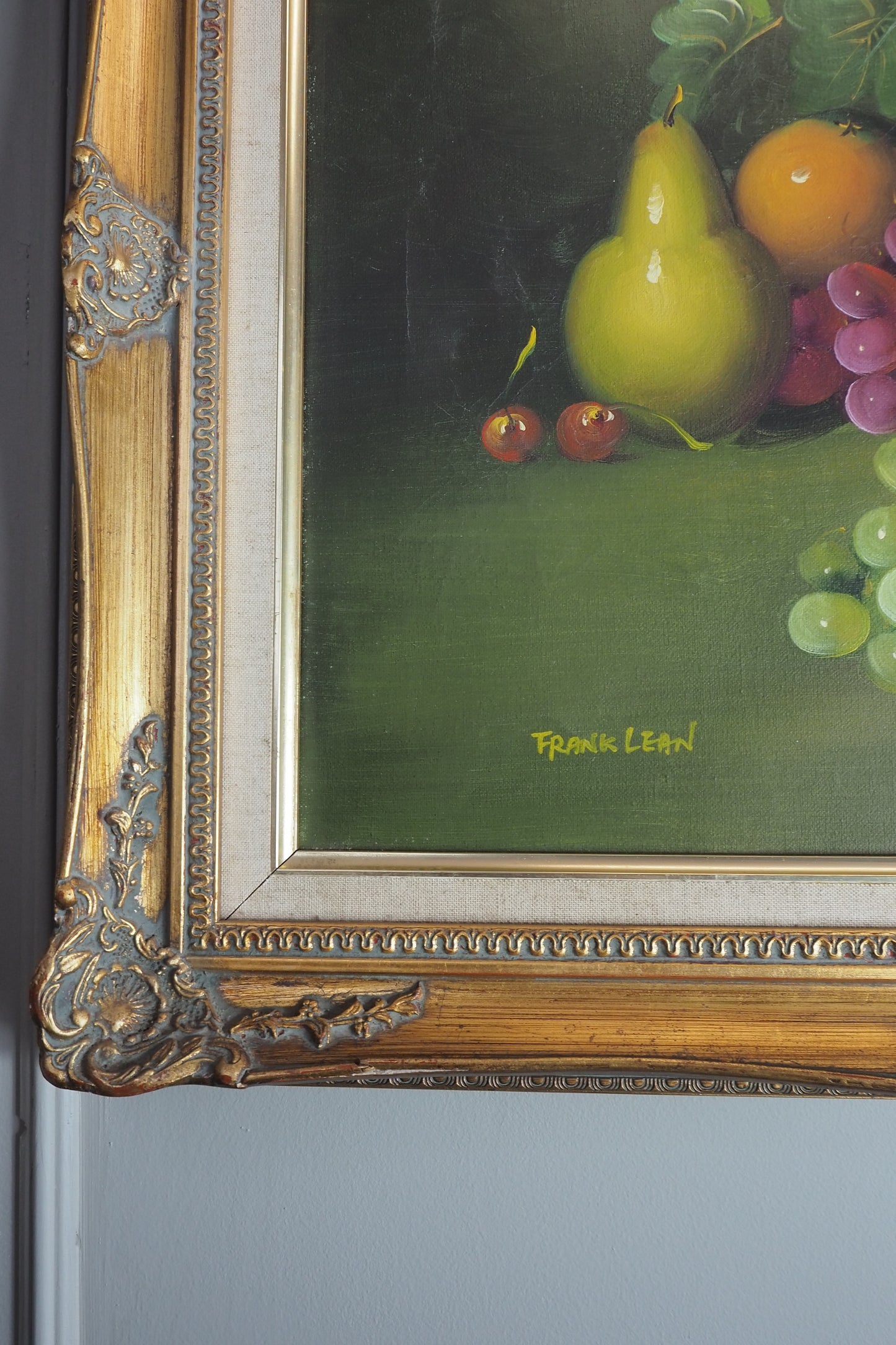 Frank Lean Still Life Oil Painting Signed French Artist Fruit Bowl in Ornate Frame