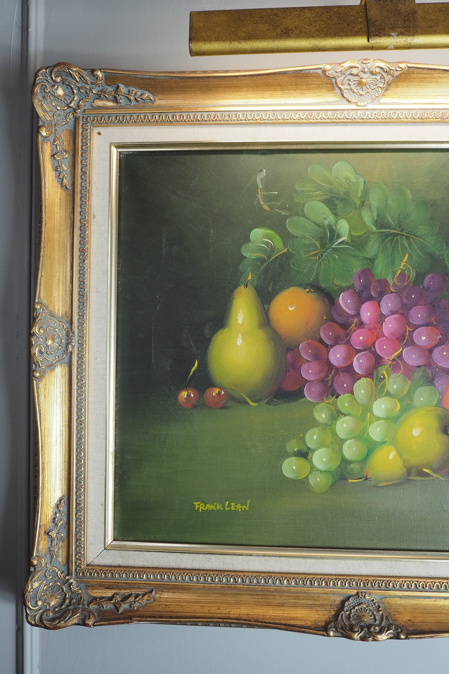 Frank Lean Still Life Oil Painting Signed French Artist Fruit Bowl in Ornate Frame