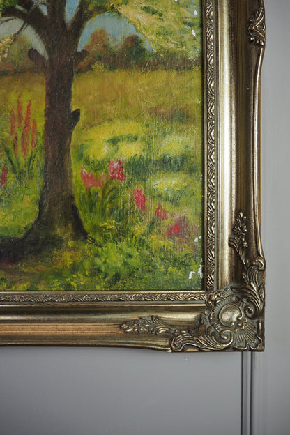 Vintage Large English Countryside Oil Painting by E. Henstock in Sorélle Ornate Frame