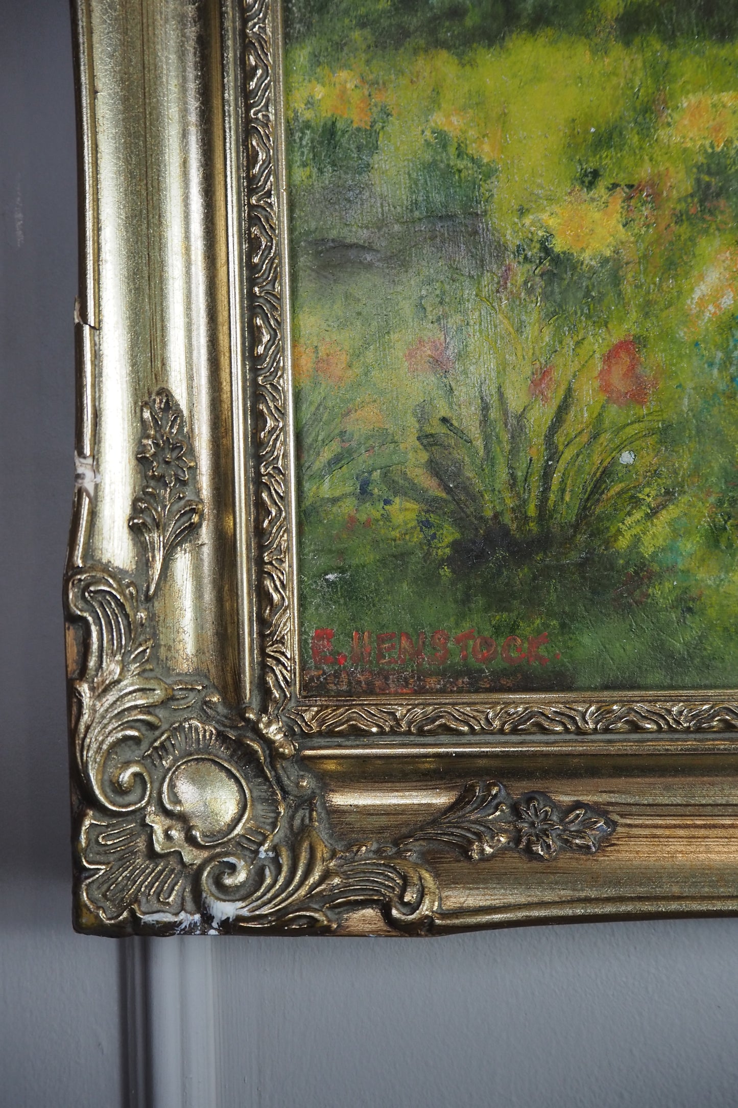 Vintage Large English Countryside Oil Painting by E. Henstock in Sorélle Ornate Frame