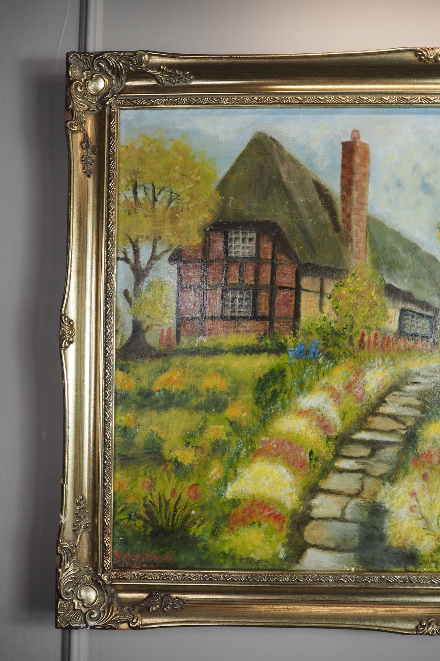 Vintage Large English Countryside Oil Painting by E. Henstock in Sorélle Ornate Frame