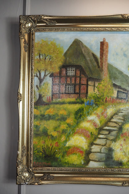 Vintage Large English Countryside Oil Painting by E. Henstock in Sorélle Ornate Frame