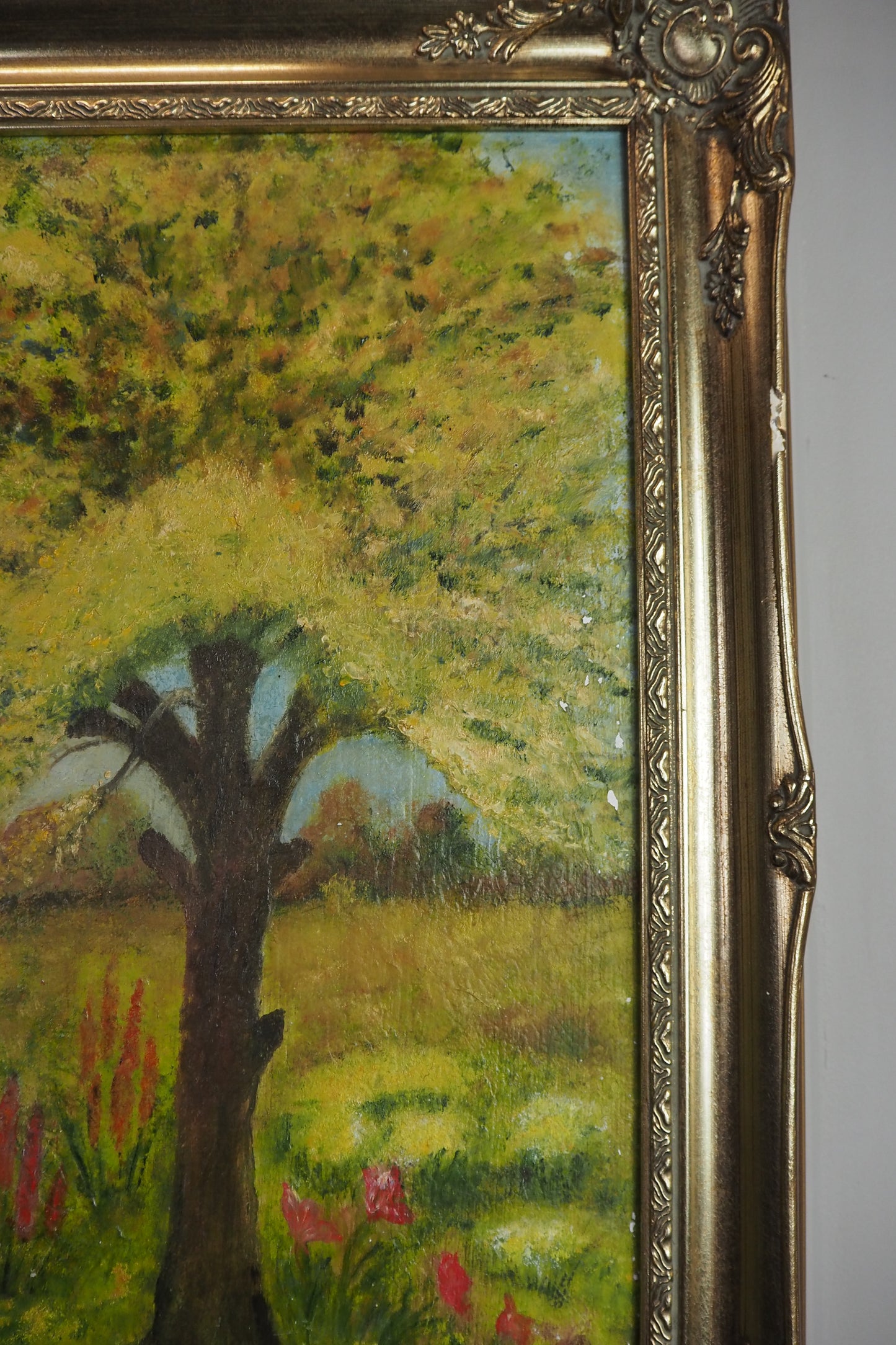 Vintage Large English Countryside Oil Painting by E. Henstock in Sorélle Ornate Frame