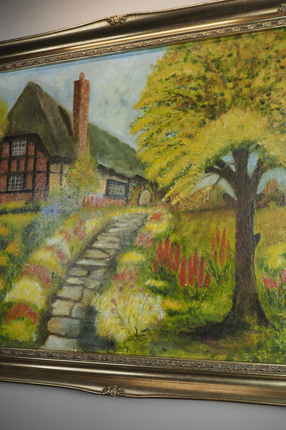 Vintage Large English Countryside Oil Painting by E. Henstock in Sorélle Ornate Frame