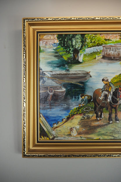 River Ride – Vintage Oil Painting in Ornate Gold Gilt Frame