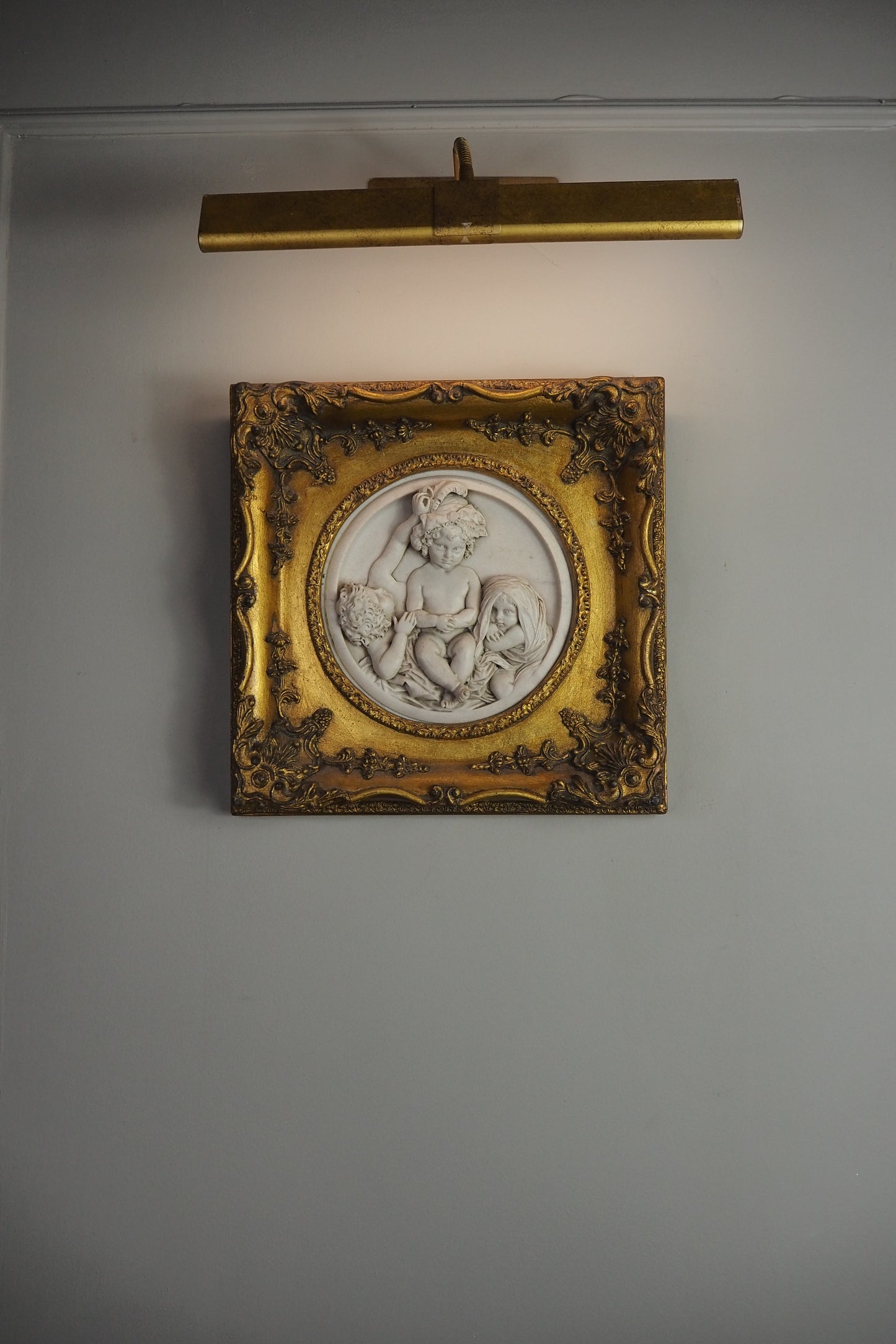 Cherubs in Marble– Antique Stone Relief In an Ornate Gilt Frame