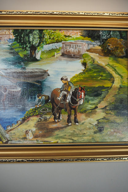 River Ride – Vintage Oil Painting in Ornate Gold Gilt Frame
