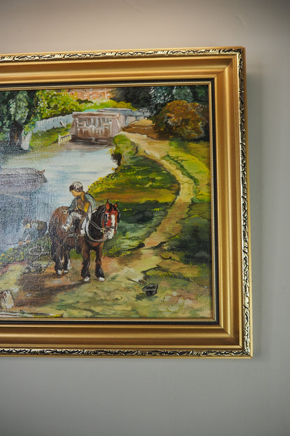 River Ride – Vintage Oil Painting in Ornate Gold Gilt Frame