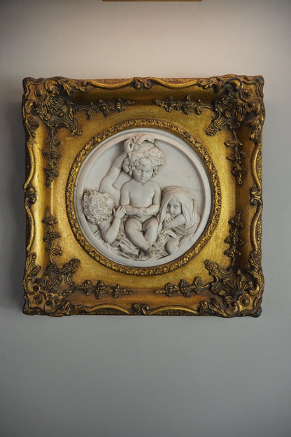 Cherubs in Marble– Antique Stone Relief In an Ornate Gilt Frame