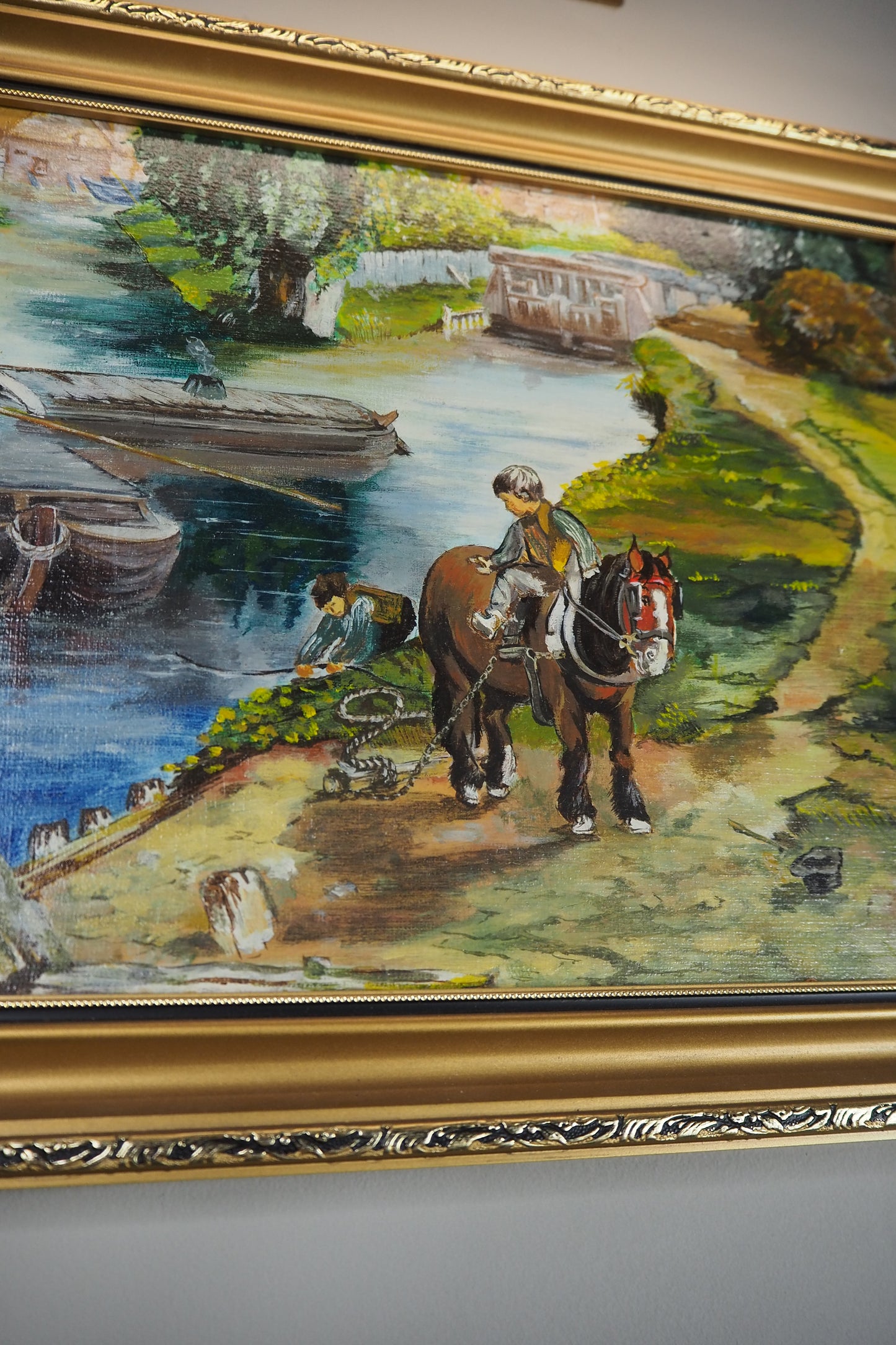 River Ride – Vintage Oil Painting in Ornate Gold Gilt Frame