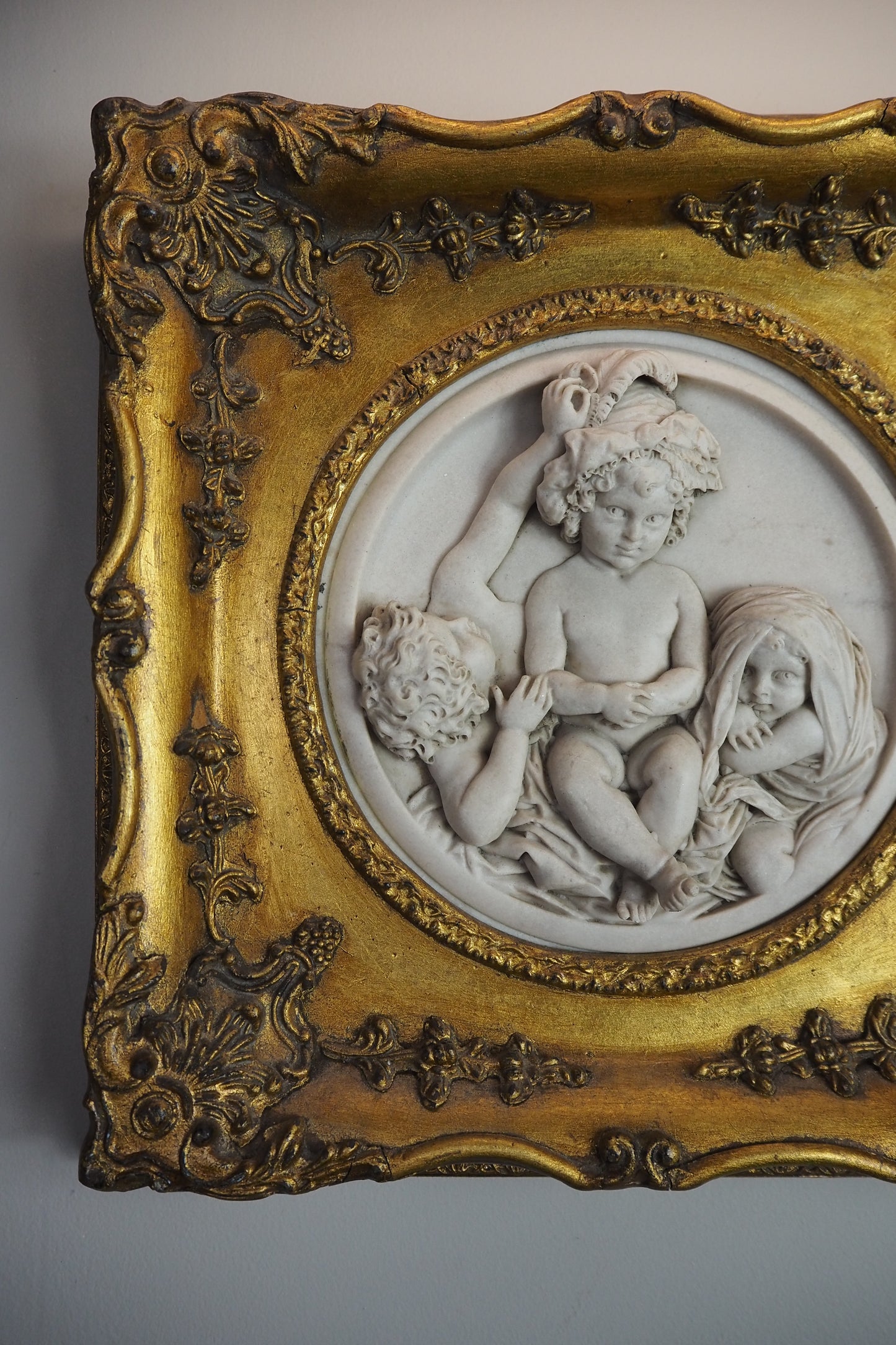 Cherubs in Marble– Antique Stone Relief In an Ornate Gilt Frame