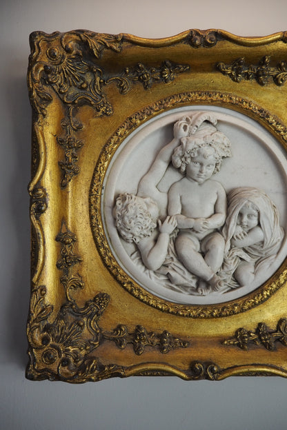 Cherubs in Marble– Antique Stone Relief In an Ornate Gilt Frame