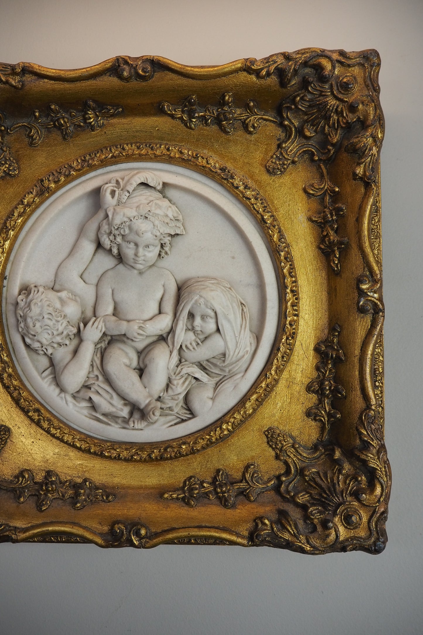 Cherubs in Marble– Antique Stone Relief In an Ornate Gilt Frame