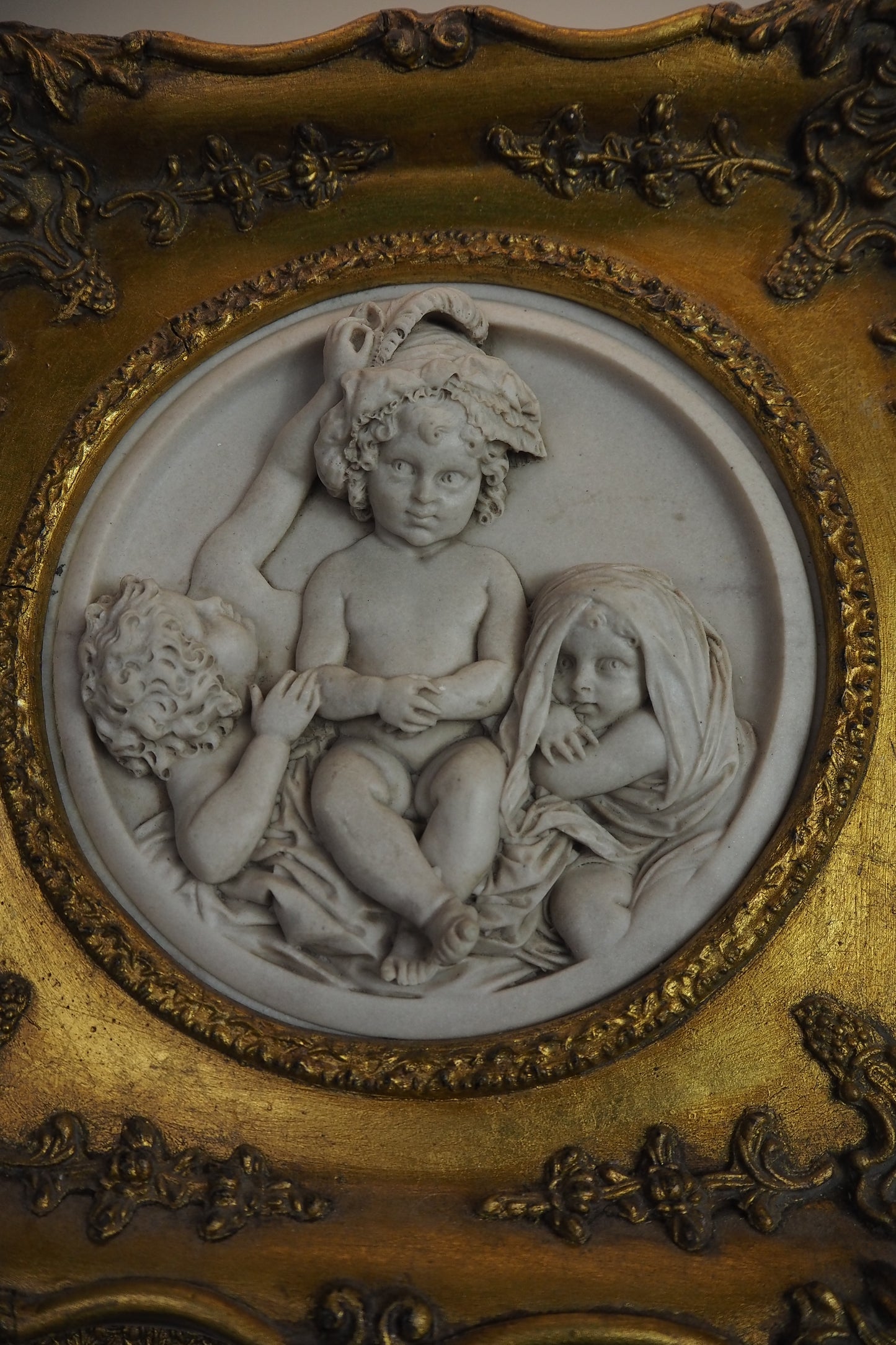 Cherubs in Marble– Antique Stone Relief In an Ornate Gilt Frame