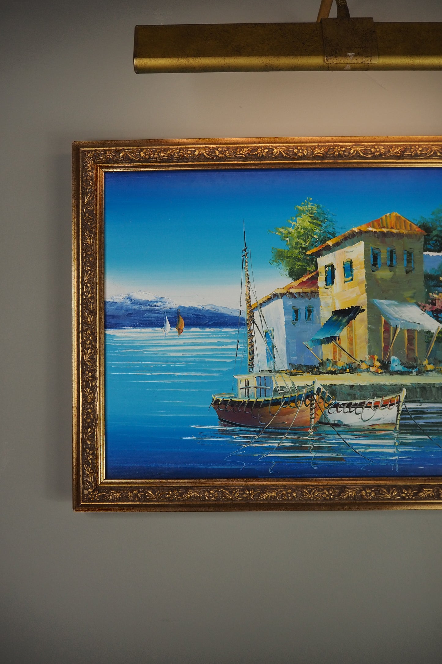 Vintage Bright Mediterranean Oil Painting – Hand-Painted, Gilt Framed Piece