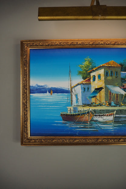 Vintage Bright Mediterranean Oil Painting – Hand-Painted, Gilt Framed Piece