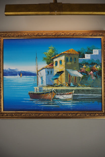 Vintage Bright Mediterranean Oil Painting – Hand-Painted, Gilt Framed Piece