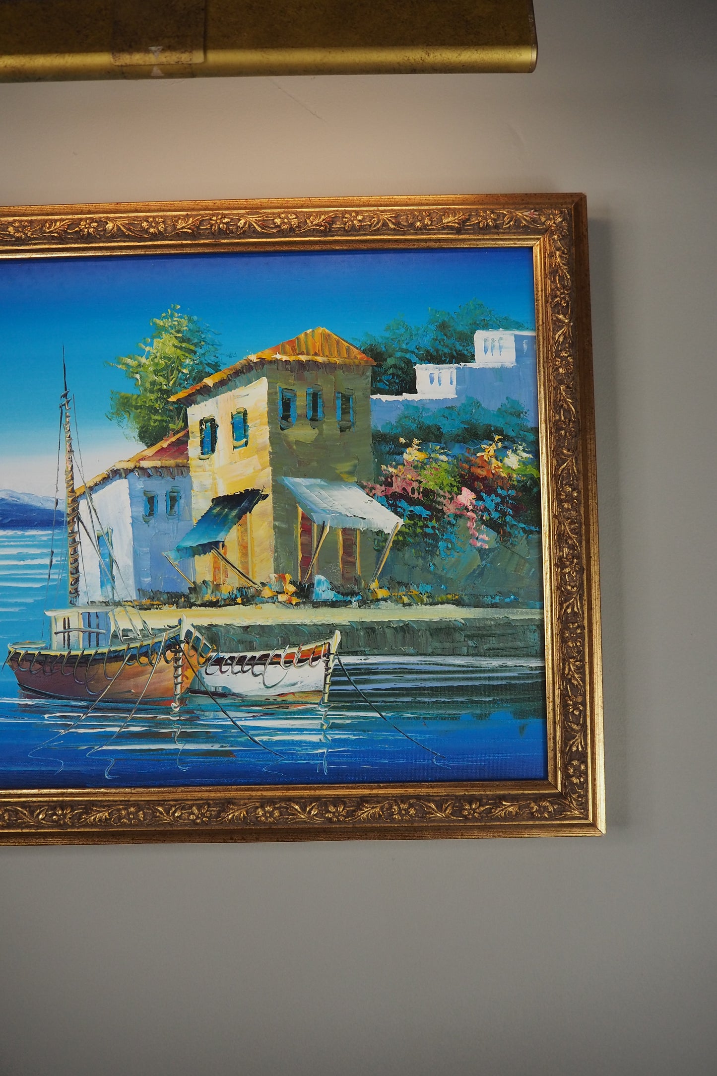 Vintage Bright Mediterranean Oil Painting – Hand-Painted, Gilt Framed Piece
