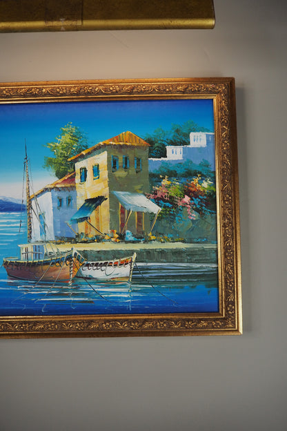 Vintage Bright Mediterranean Oil Painting – Hand-Painted, Gilt Framed Piece