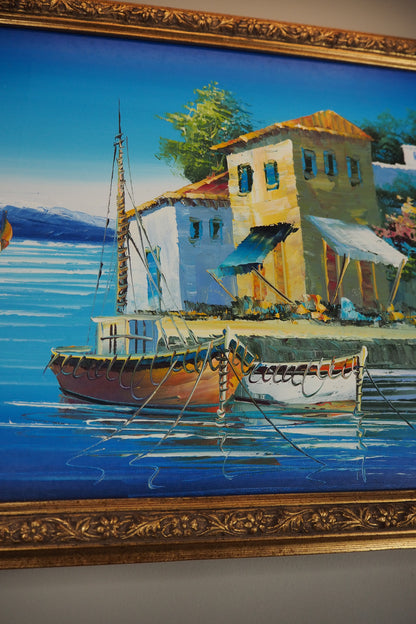 Vintage Bright Mediterranean Oil Painting – Hand-Painted, Gilt Framed Piece