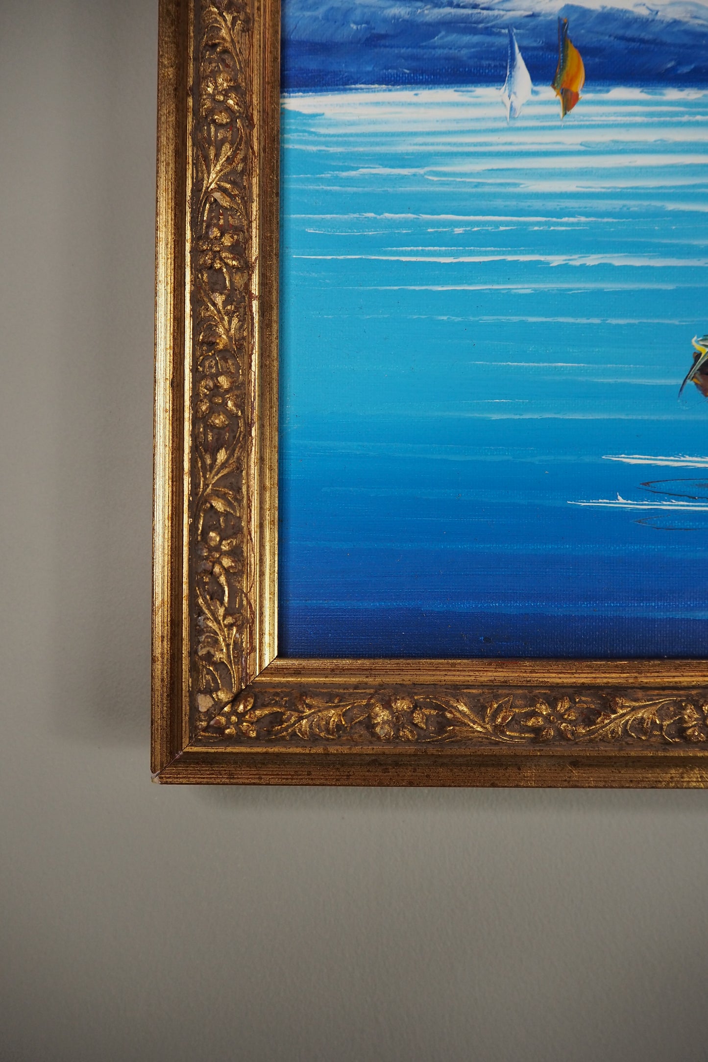 Vintage Bright Mediterranean Oil Painting – Hand-Painted, Gilt Framed Piece