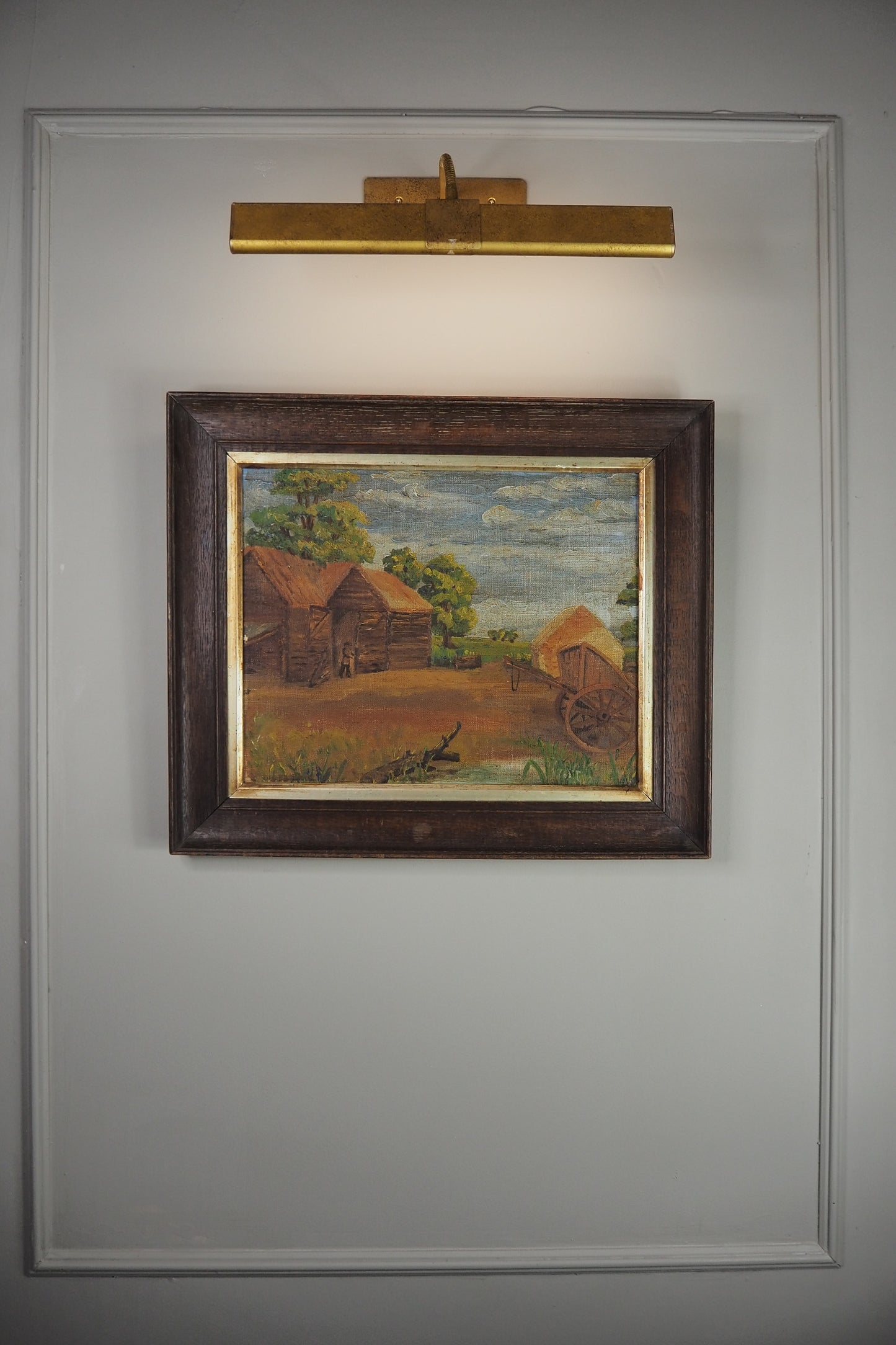 Antique Rustic Farm Landscape Oil Painting (c.1926–1930) – Hay Cart & Pond Scene