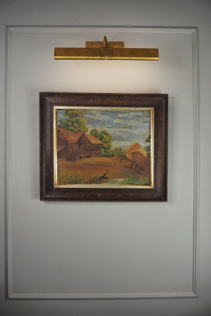 Antique Rustic Farm Landscape Oil Painting (c.1926–1930) – Hay Cart & Pond Scene