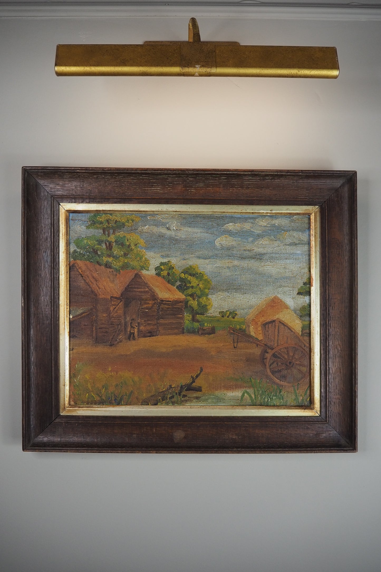 Antique Rustic Farm Landscape Oil Painting (c.1926–1930) – Hay Cart & Pond Scene